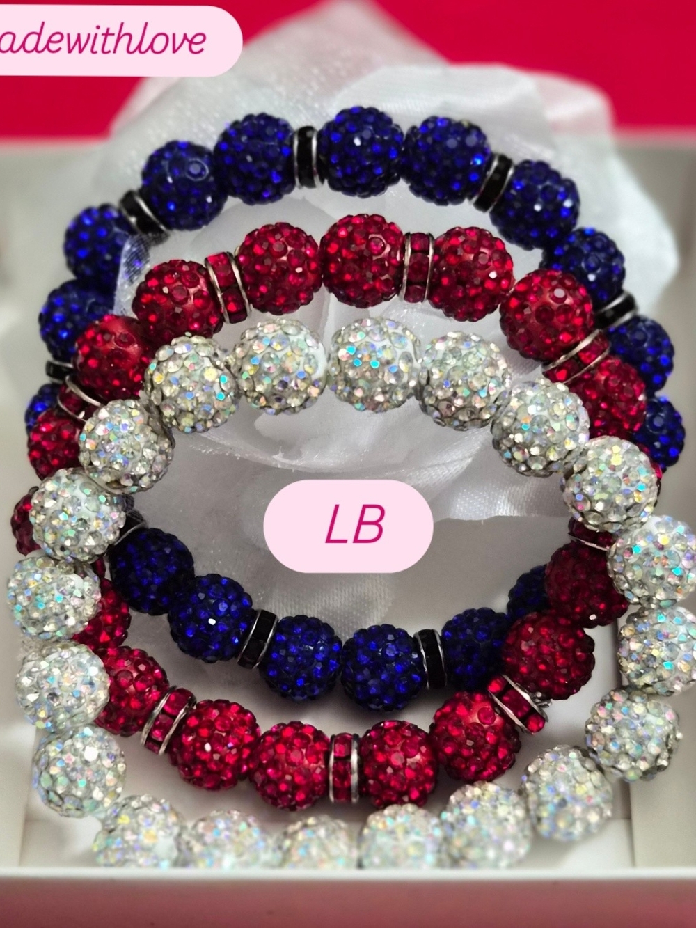 Sparkling Red, White & Blue Pave Bead Bracelet Set